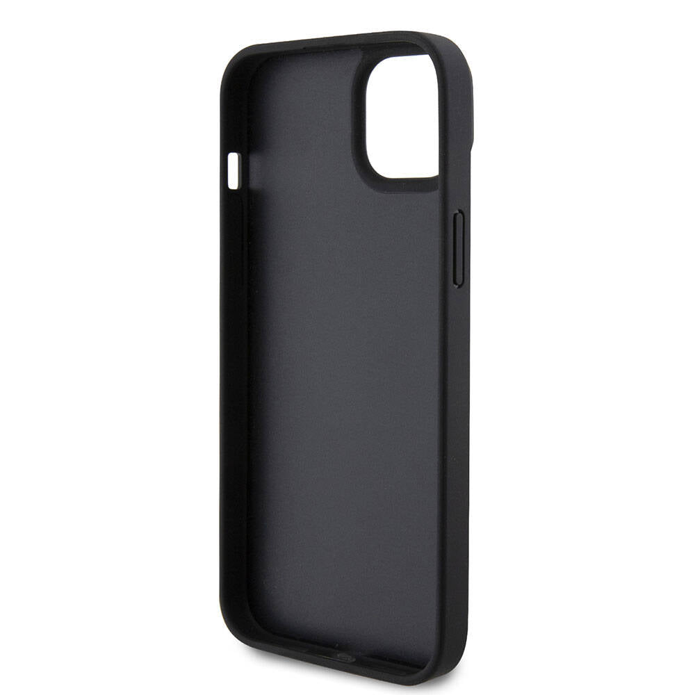 Apple iPhone 15 Plus Kılıf Guess Orjinal Lisanslı PU Deri Askılı Taşlı Üçgen Logo 4G Desenli Strass Crossbody Kapak Siyah