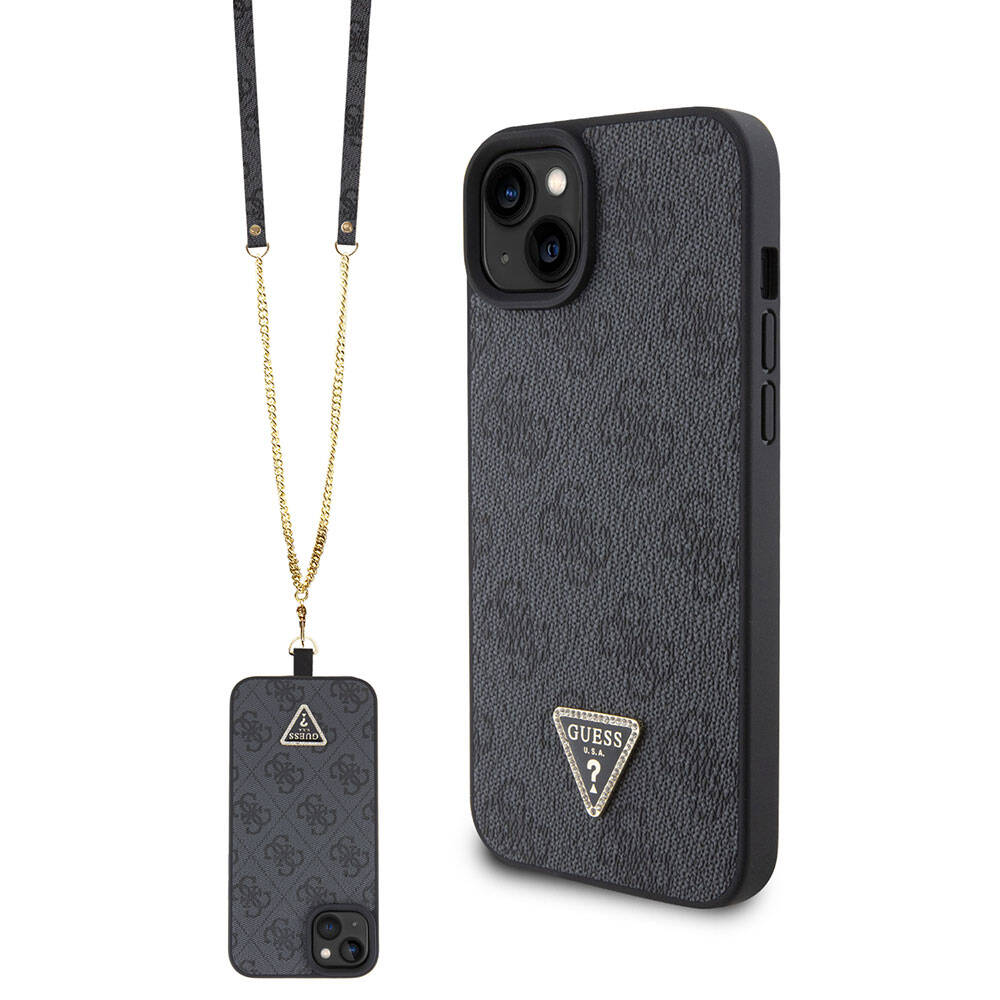 Apple iPhone 15 Plus Kılıf Guess Orjinal Lisanslı PU Deri Askılı Taşlı Üçgen Logo 4G Desenli Strass Crossbody Kapak Siyah