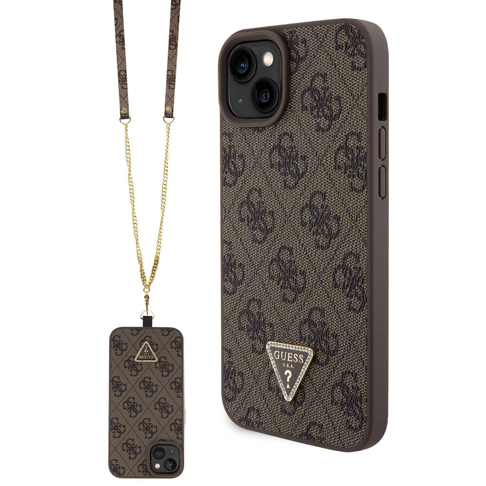 Apple iPhone 15 Plus Kılıf Guess Orjinal Lisanslı PU Deri Askılı Taşlı Üçgen Logo 4G Desenli Strass Crossbody Kapak Kahverengi