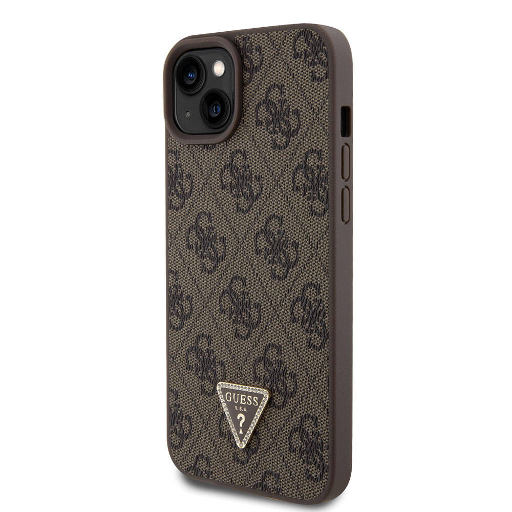 Apple iPhone 15 Plus Kılıf Guess Orjinal Lisanslı PU Deri Askılı Taşlı Üçgen Logo 4G Desenli Strass Crossbody Kapak Kahverengi