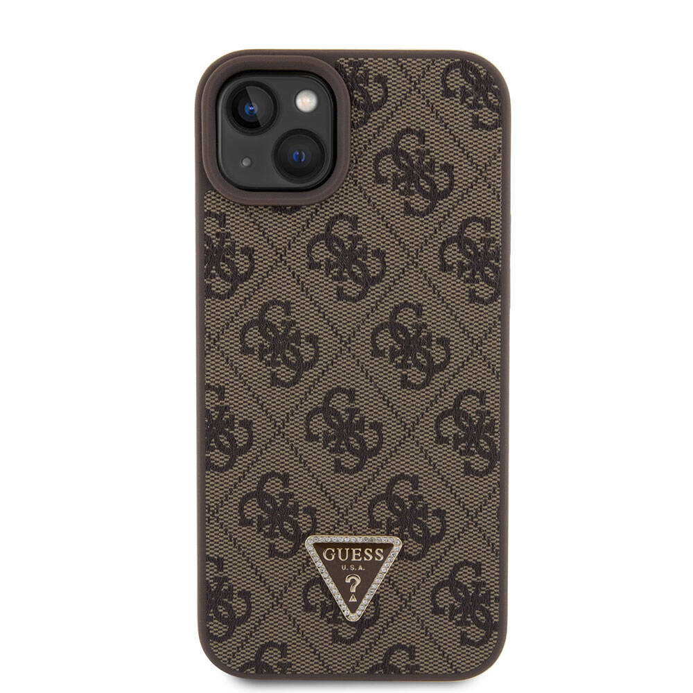 Apple iPhone 15 Plus Kılıf Guess Orjinal Lisanslı PU Deri Askılı Taşlı Üçgen Logo 4G Desenli Strass Crossbody Kapak Kahverengi