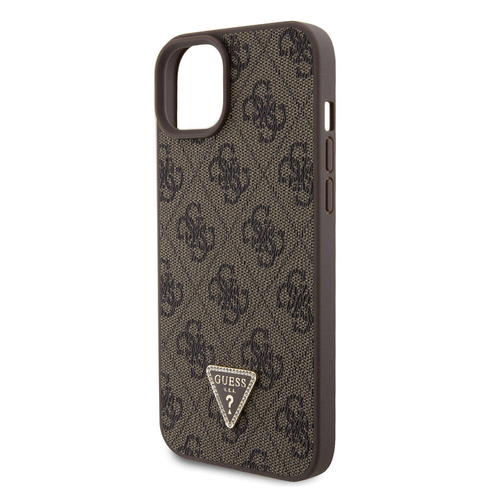 Apple iPhone 15 Plus Kılıf Guess Orjinal Lisanslı PU Deri Askılı Taşlı Üçgen Logo 4G Desenli Strass Crossbody Kapak Kahverengi