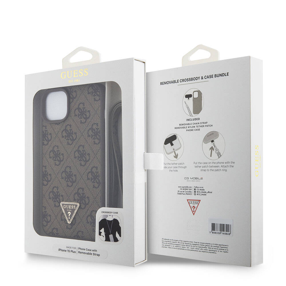 Apple iPhone 15 Plus Kılıf Guess Orjinal Lisanslı PU Deri Askılı Taşlı Üçgen Logo 4G Desenli Strass Crossbody Kapak Kahverengi