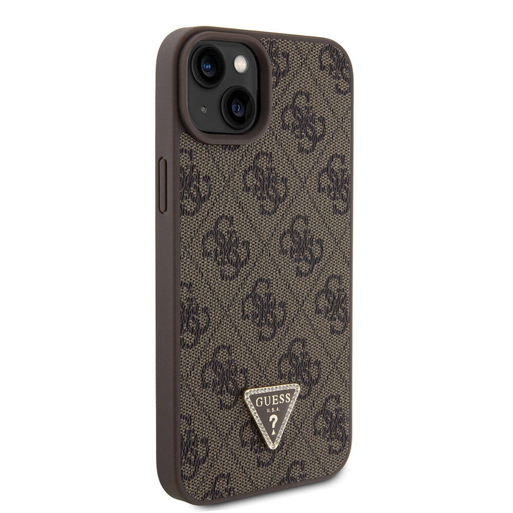 Apple iPhone 15 Plus Kılıf Guess Orjinal Lisanslı PU Deri Askılı Taşlı Üçgen Logo 4G Desenli Strass Crossbody Kapak Kahverengi
