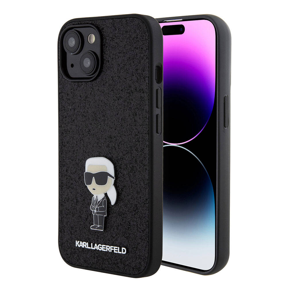 iPhone 15 Plus Kılıf Karl Lagerfeld İkonik Fixed Glitter Metal Logo Orjinal Lisanslı Kılıf Siyah