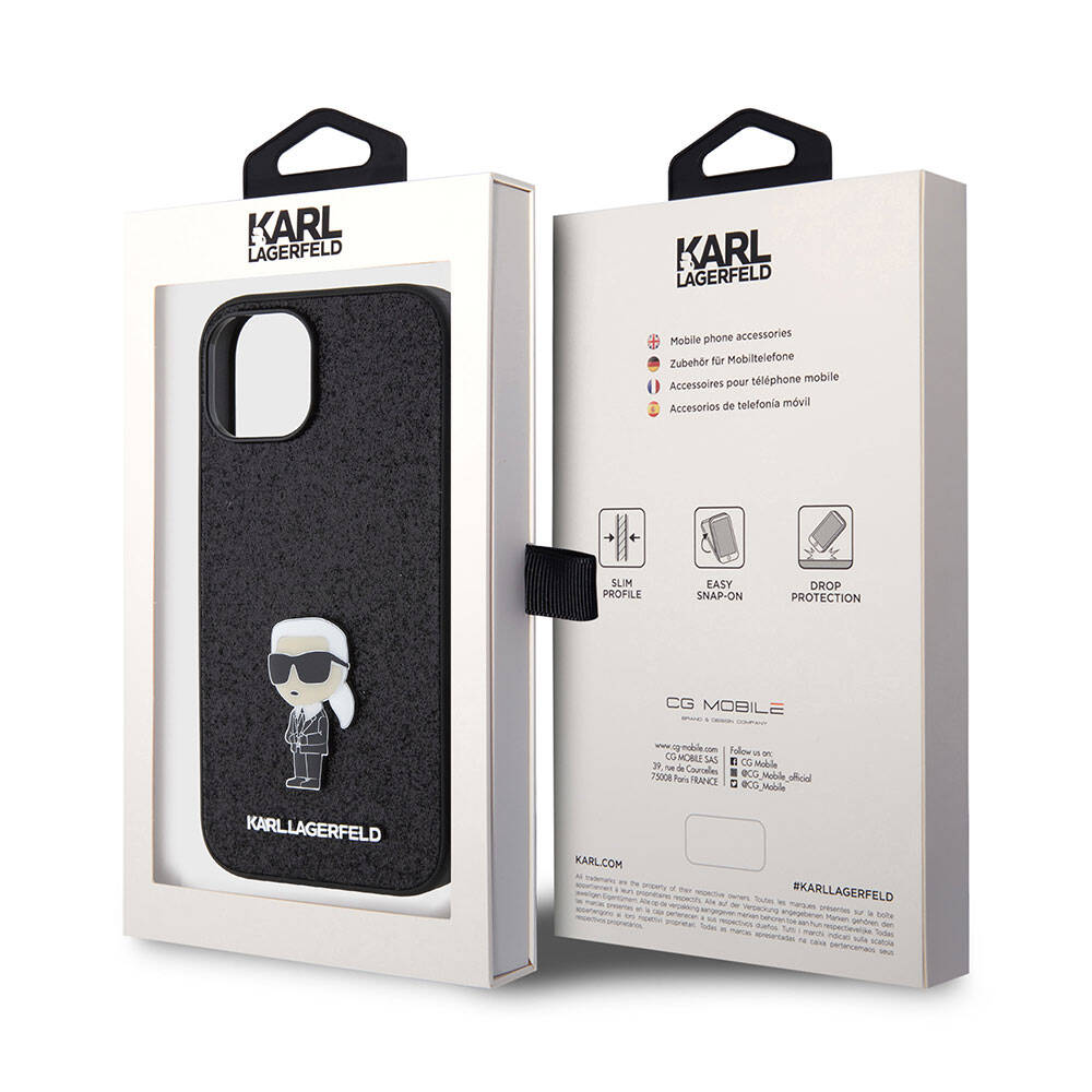 iPhone 15 Plus Kılıf Karl Lagerfeld İkonik Fixed Glitter Metal Logo Orjinal Lisanslı Kılıf Siyah