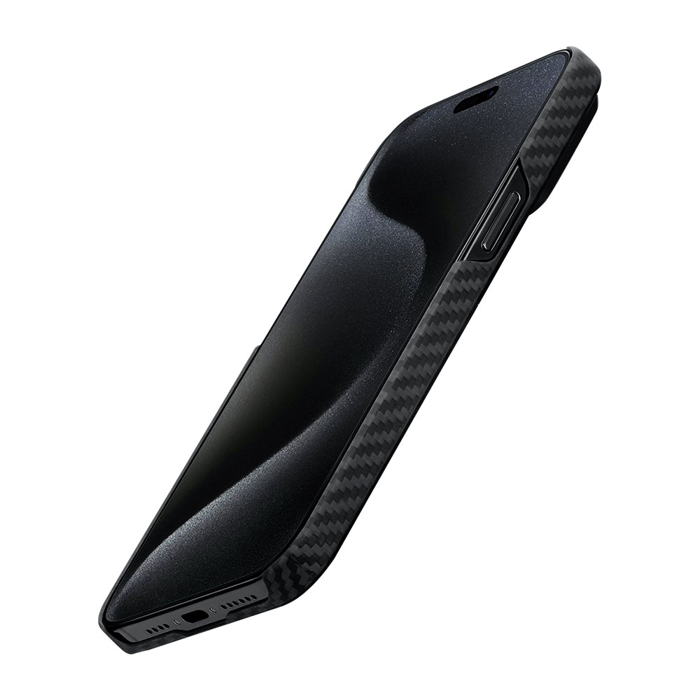 iPhone 15 Plus Kılıf Magsafe Şarj Özellikli 1500D Aramid Fiber Pitaka Ultra-Slim Classic Serisi Black-Grey Twill Kılıf Siyah-Gri