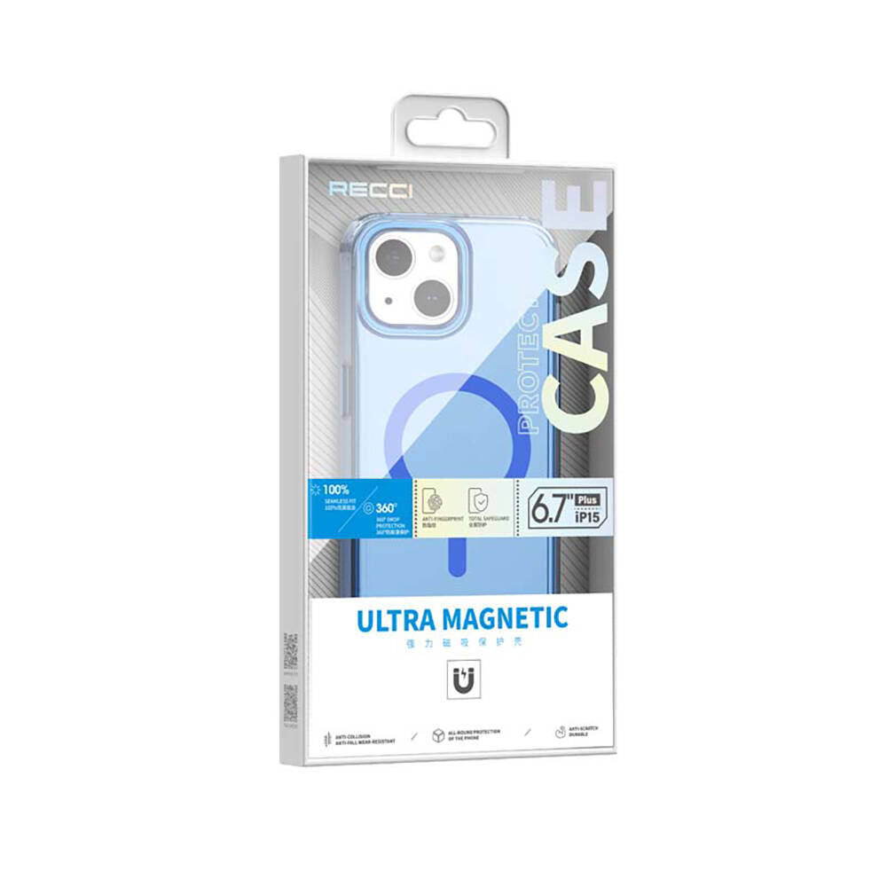 iPhone 15 Plus Kılıf Magsafe Şarj Özellikli Saydam Arka Yüzey Recci Crystal Color Serisi Kılıf Mavi
