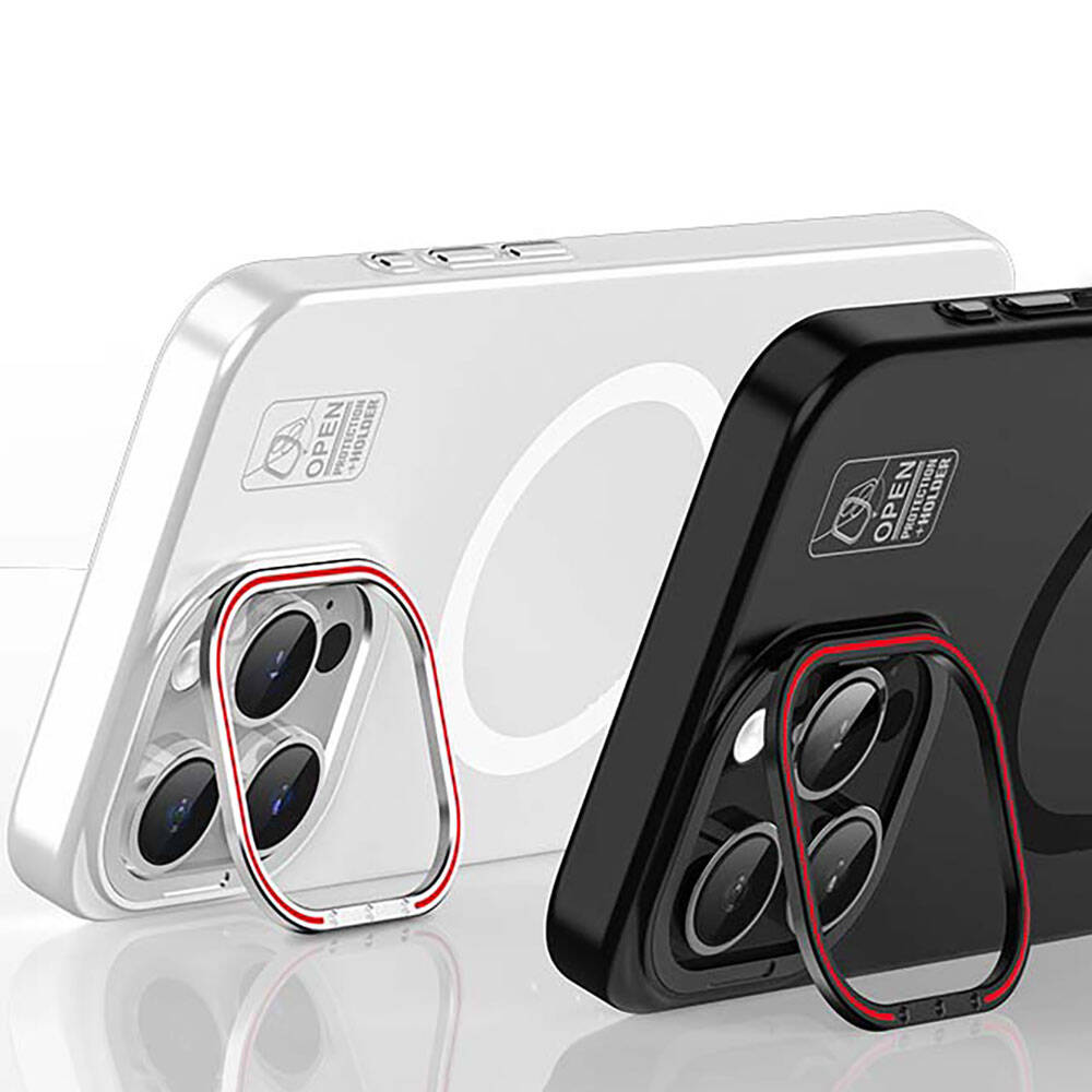 iPhone 15 Plus Kılıf Magsafe Şarj Özellikli Standlı Metal Kamera Çerçeveli Mat Recci Glaze Serisi Kılıf Siyah