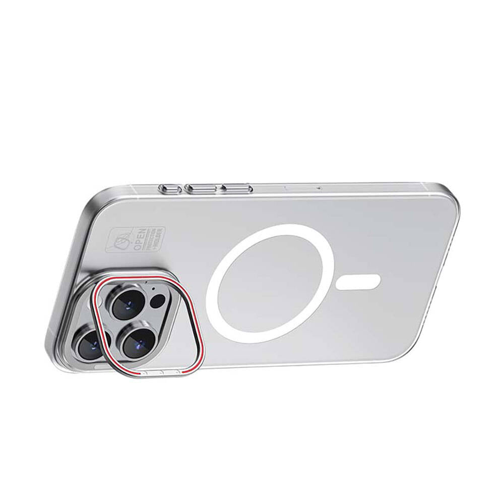 iPhone 15 Plus Kılıf Magsafe Şarj Özellikli Standlı Metal Kamera Çerçeveli Mat Recci Glaze Serisi Kılıf Beyaz