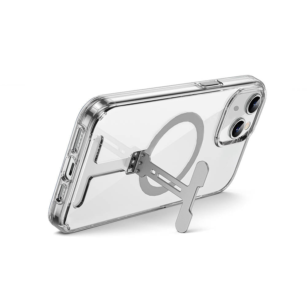 iPhone 15 Plus Kılıf Wiwu FYY-014 Magsafe Şarj Özellikli Alüminyum Alaşım Metal Standlı Şeffaf Kılıf Renksiz