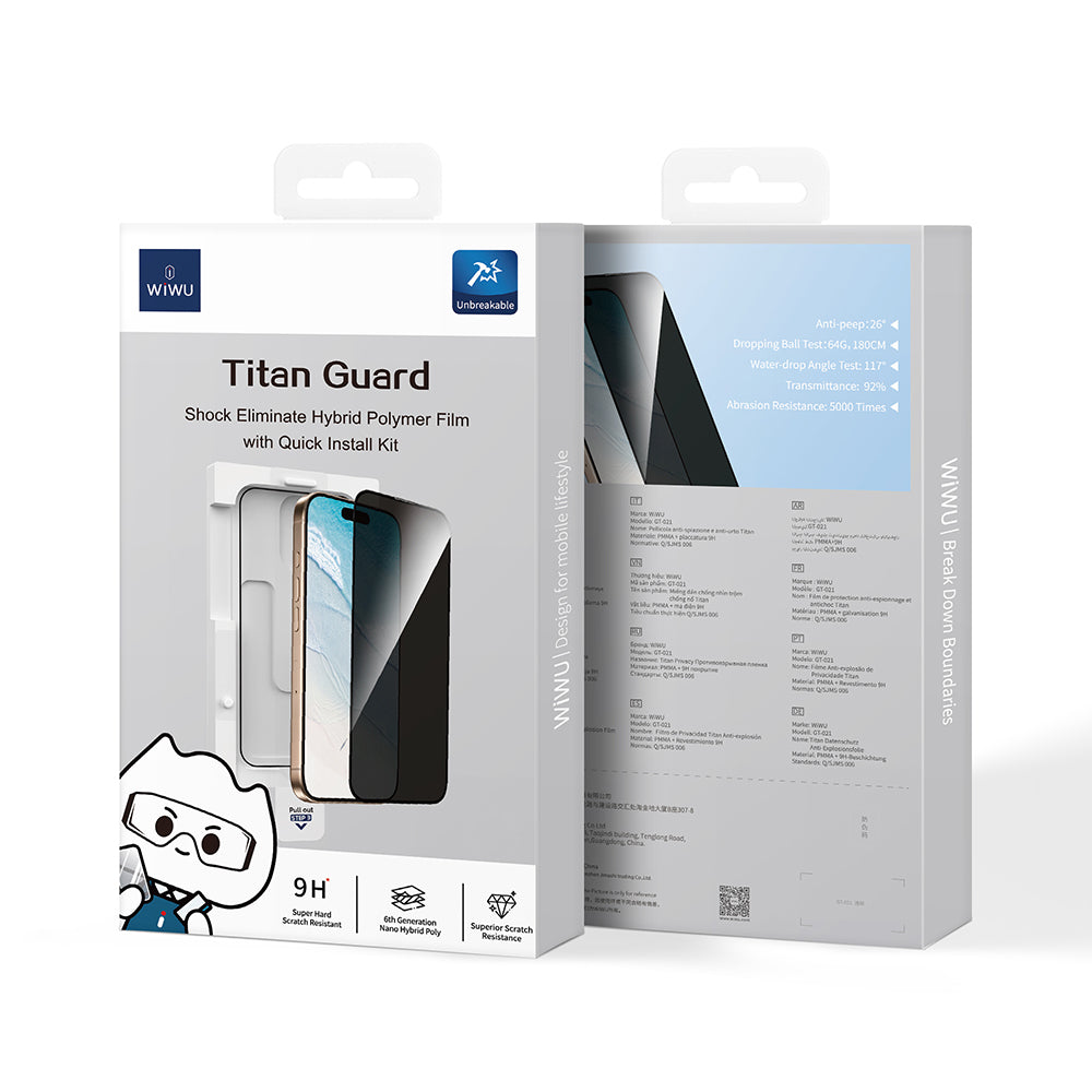 iPhone 15 Plus Wiwu GT-021 Titan Guard Serisi Şok Emici Hibrit Polimer Privacy Ekran Koruyucu Film + Kolay Uygulama Aparatı Siyah