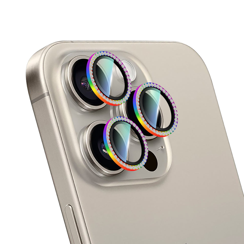 Apple iPhone 15 Pro CaseWorld Alloy Sparkling Diamond Serisi Taşlı Lens Koruyucu Gümüş
