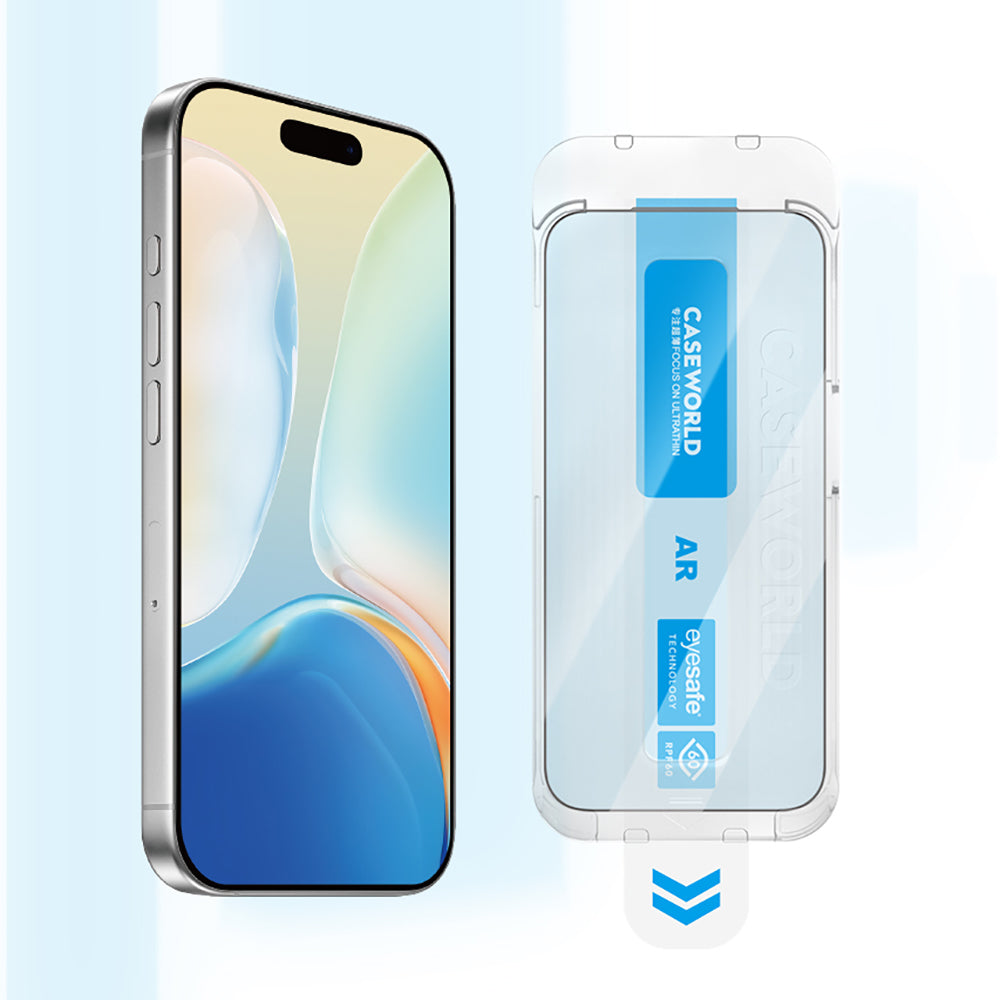 Apple iPhone 15 Pro CaseWorld Applicator Serisi 2.5D Eyesafe Mavi Işık Teknolojili Safir 0.33mm Temperli Cam Ekran Koruyucu + Uygulama Aparatı Şeffaf