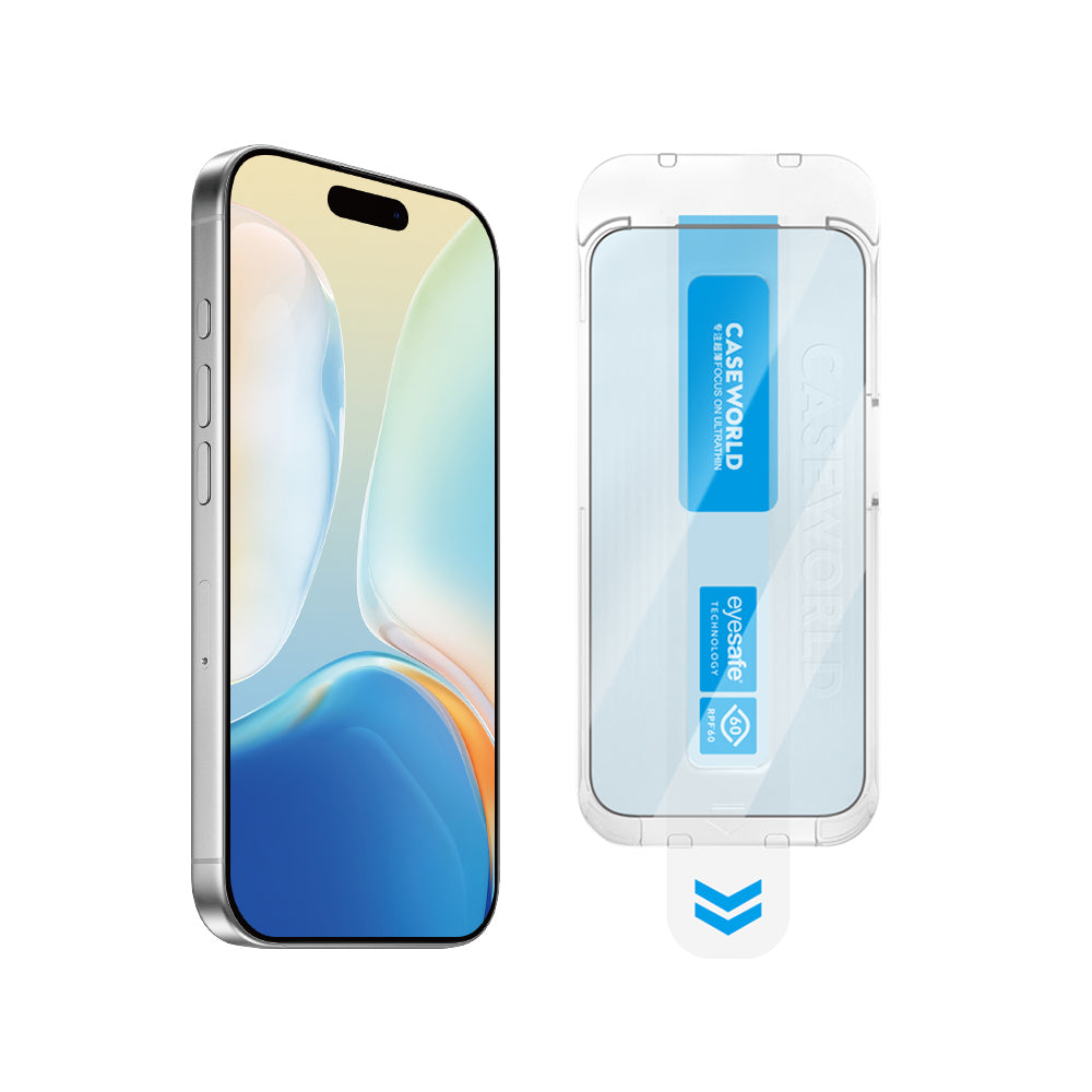 Apple iPhone 15 Pro CaseWorld Applicator Serisi 2.5D Eyesafe Mavi Işık Teknolojili Safir 0.33mm Temperli Cam Ekran Koruyucu + Uygulama Aparatı Şeffaf