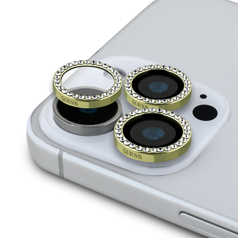 Apple iPhone 15 Pro Guess Orjinal Lisanslı Rhinestone Taşlı Lens Koruyucu Gold