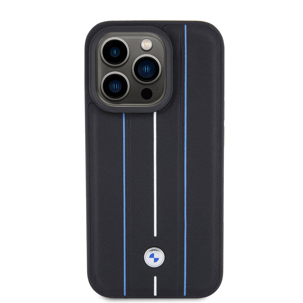 iPhone 15 Pro Kılıf BMW Deri Görünümlü Blue Lines Orjinal Lisanslı Kılıf Siyah