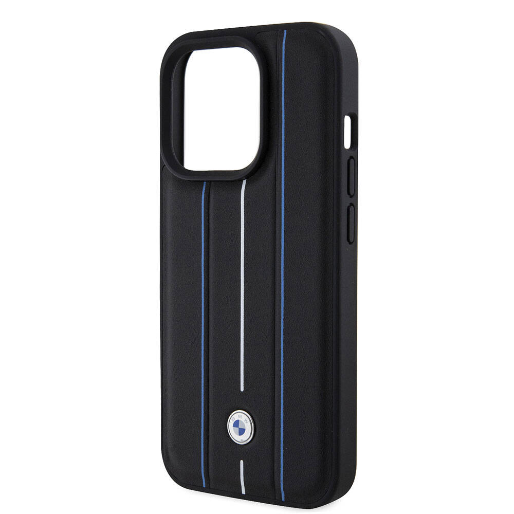 iPhone 15 Pro Kılıf BMW Deri Görünümlü Blue Lines Orjinal Lisanslı Kılıf Siyah