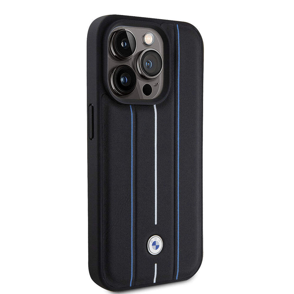 iPhone 15 Pro Kılıf BMW Deri Görünümlü Blue Lines Orjinal Lisanslı Kılıf Siyah