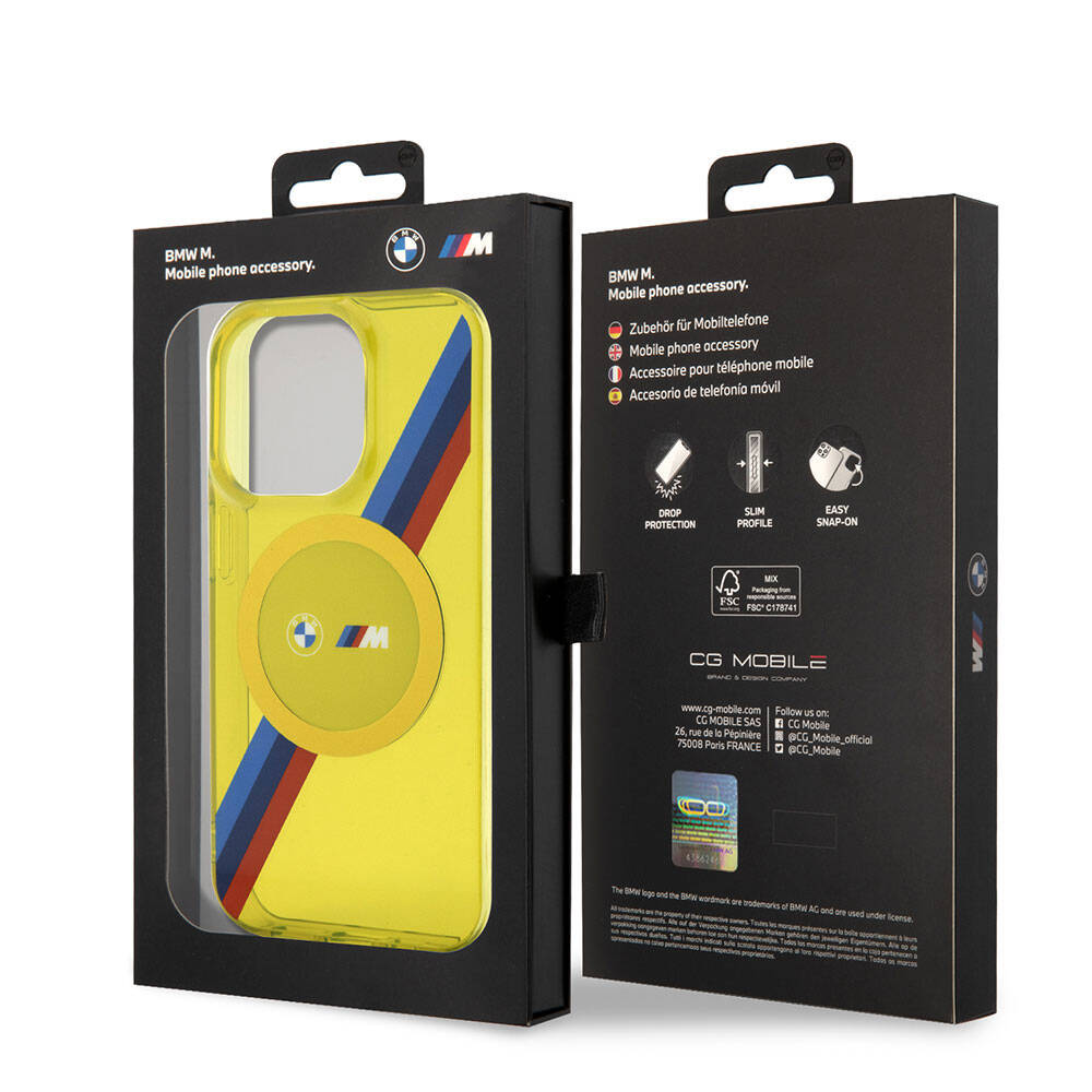 iPhone 15 Pro Kılıf BMW Magsafe Şarj Özellikli Transparan Tricolor Stripes Orjinal Lisanslı Kılıf Sarı