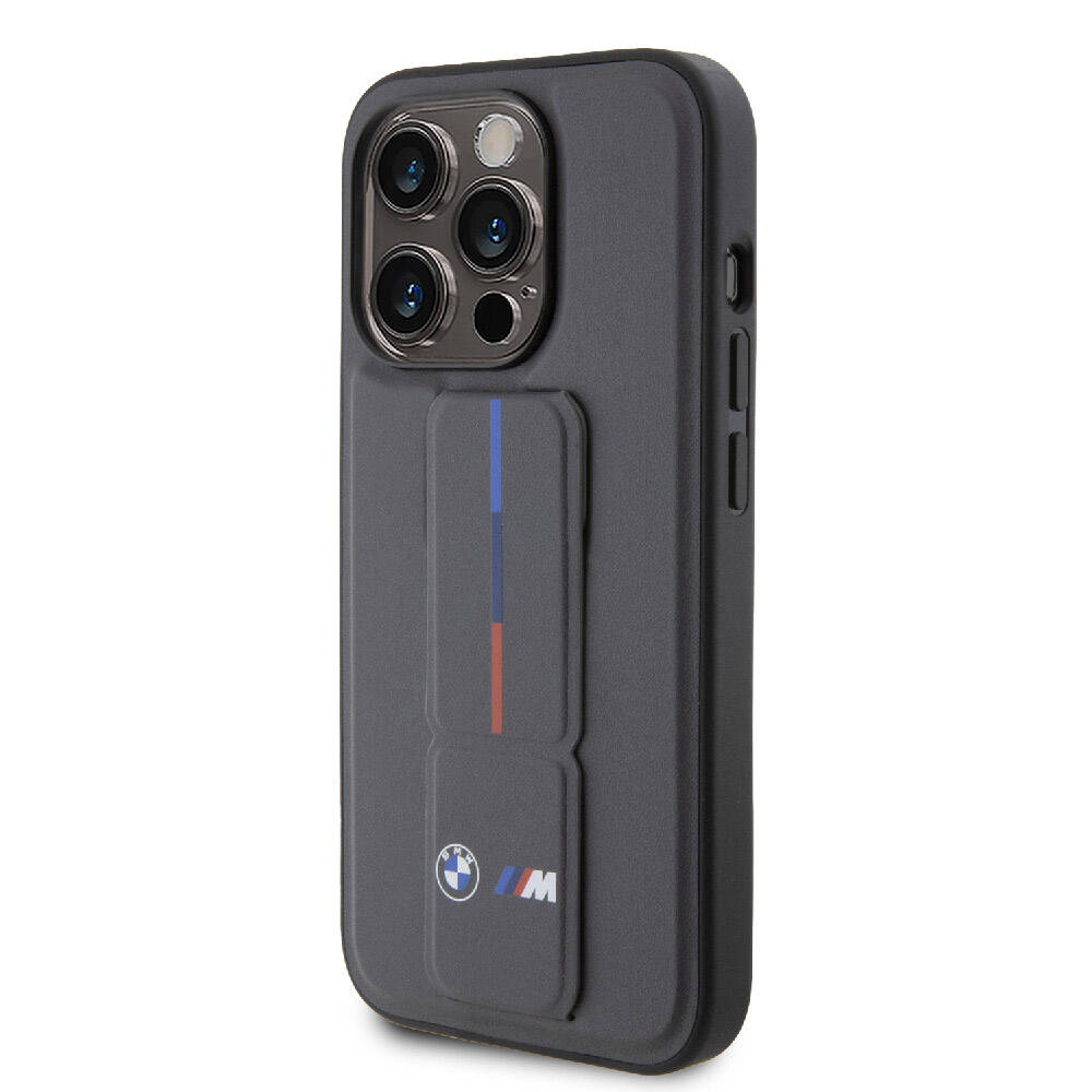 iPhone 15 Pro Kılıf BMW Orjinal Lisanslı M Şerit ve Logolu Standlı Kılıf Gri