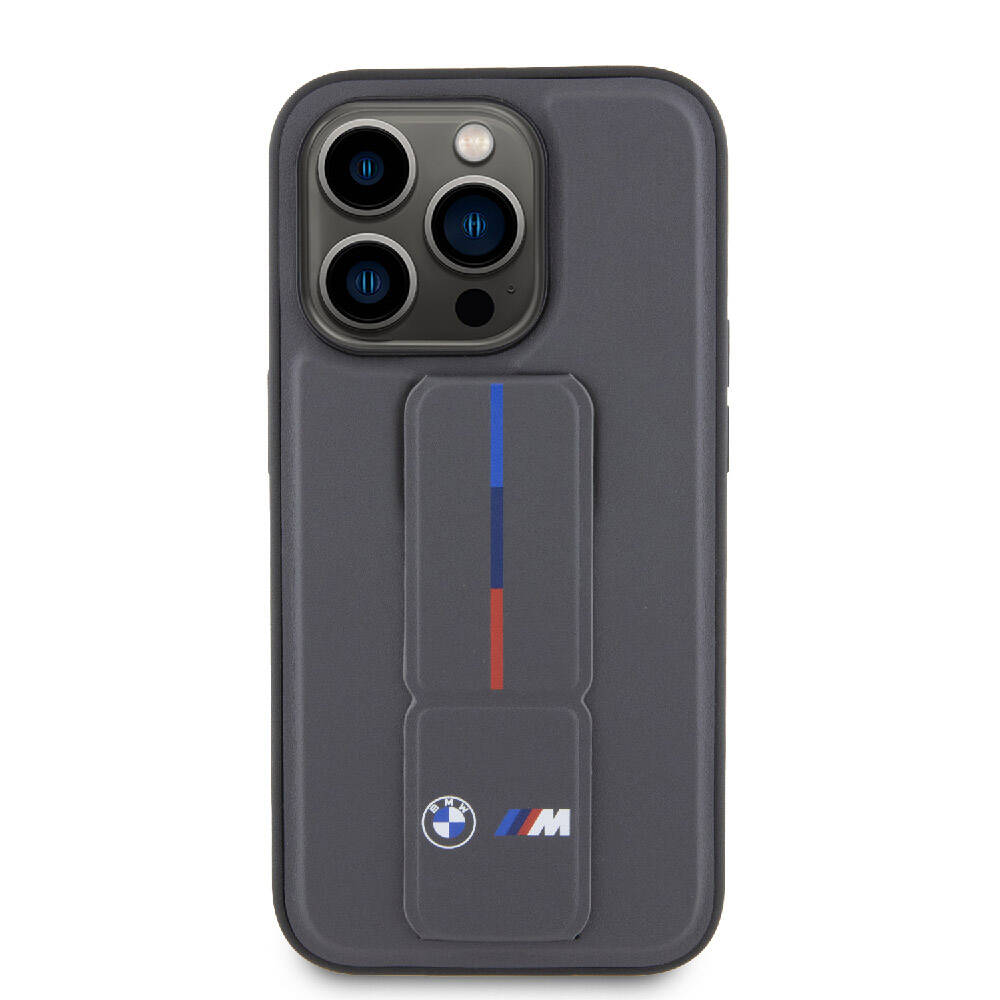 iPhone 15 Pro Kılıf BMW Orjinal Lisanslı M Şerit ve Logolu Standlı Kılıf Gri