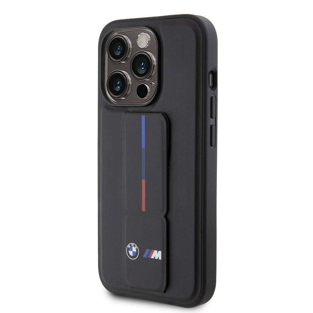 iPhone 15 Pro Kılıf BMW Orjinal Lisanslı M Şerit ve Logolu Standlı Kılıf Gri