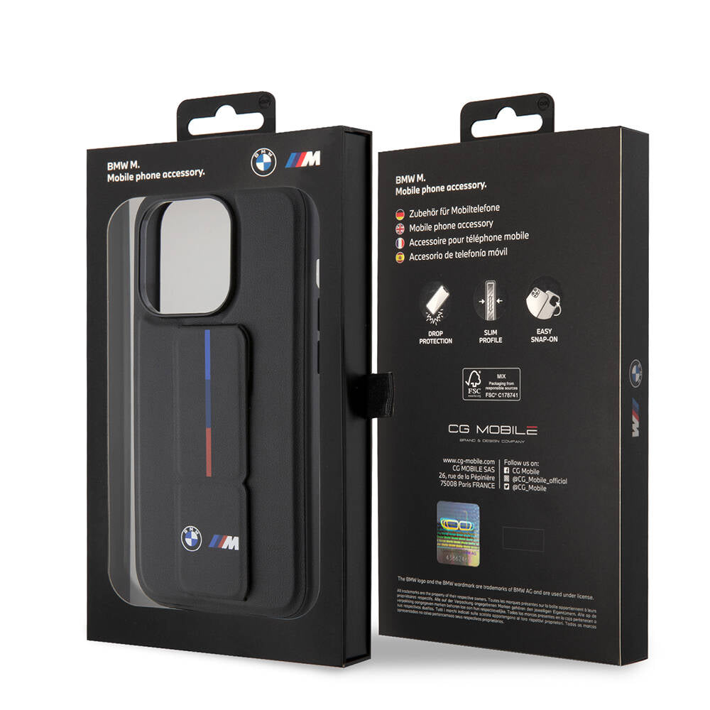 iPhone 15 Pro Kılıf BMW Orjinal Lisanslı M Şerit ve Logolu Standlı Kılıf Gri