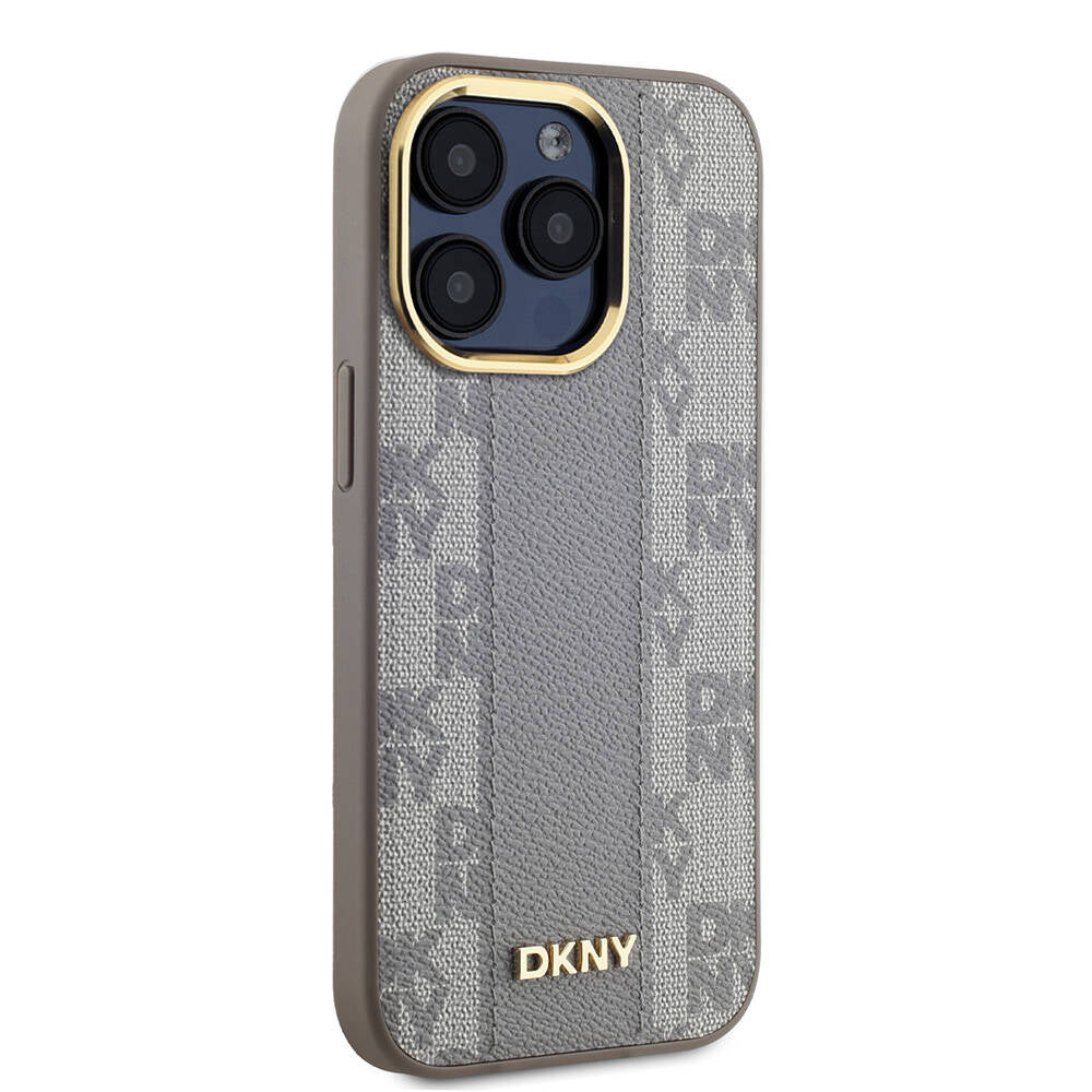 iPhone 15 Pro Kılıf DKNY Orjinal Lisanslı Magsafe Şarj Özellikli 3D Yazılı Checkered Pattern Kılıf Krem