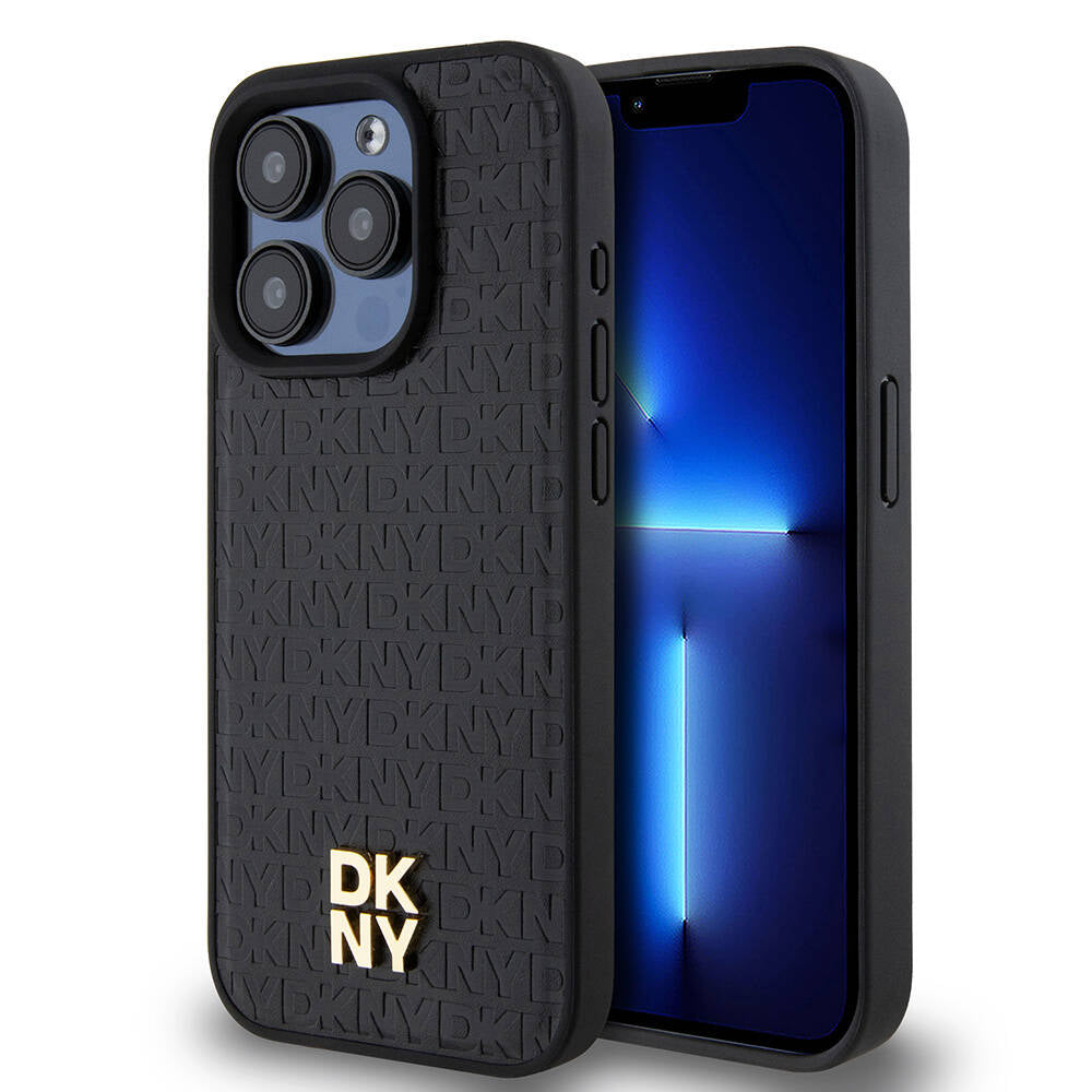 iPhone 15 Pro Kılıf DKNY Orjinal Lisanslı Magsafe Şarj Özellikli 3D Yazılı Repeat Pattern Kılıf Siyah