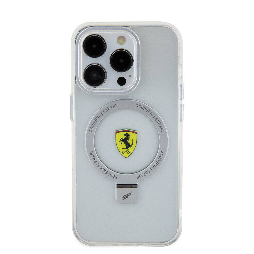 iPhone 15 Pro Kılıf Ferrari Magsafe Şarj Özellikli Standlı Buzlu Yüzey Dizayn Kılıf Siyah