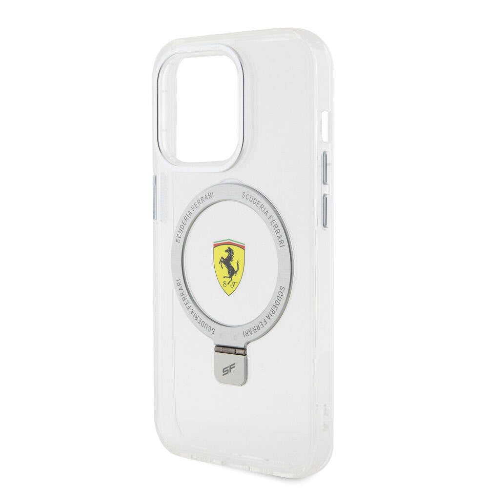iPhone 15 Pro Kılıf Ferrari Magsafe Şarj Özellikli Standlı Buzlu Yüzey Dizayn Kılıf Transparan Siyah