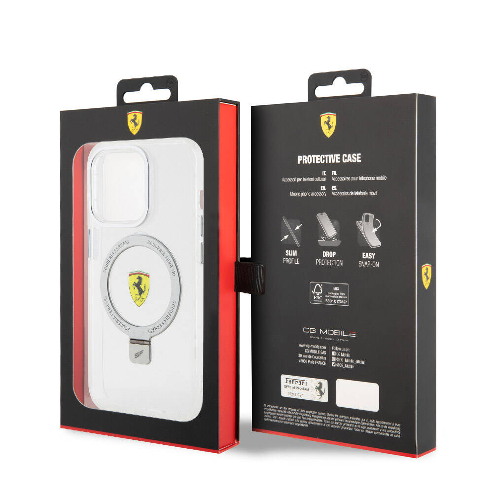 iPhone 15 Pro Kılıf Ferrari Magsafe Şarj Özellikli Standlı Buzlu Yüzey Dizayn Kılıf Transparan Siyah