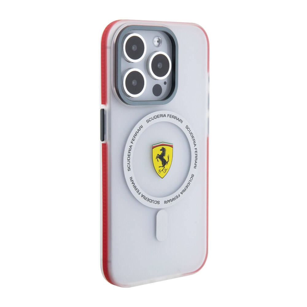 iPhone 15 Pro Kılıf Ferrari Orjinal Lisanslı Magsafe Şarj Özellikli Kontrast Bumper SF Ring Kılıf Kırmızı