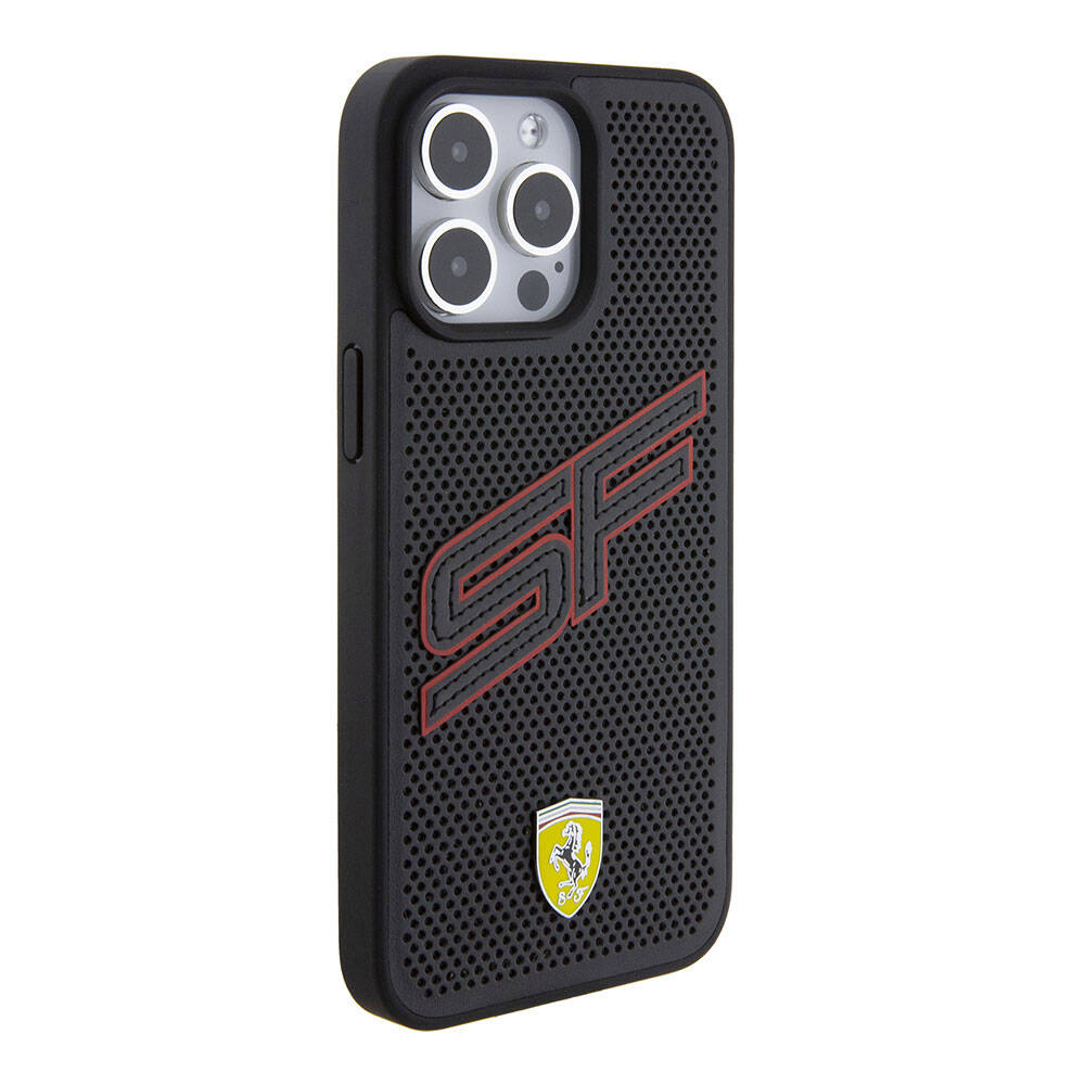 iPhone 15 Pro Kılıf Ferrari Orjinal Lisanslı PU Delikli Arka Yüzey Metal Logolu Dikişli Büyük SF Yazılı Kılıf Kırmızı