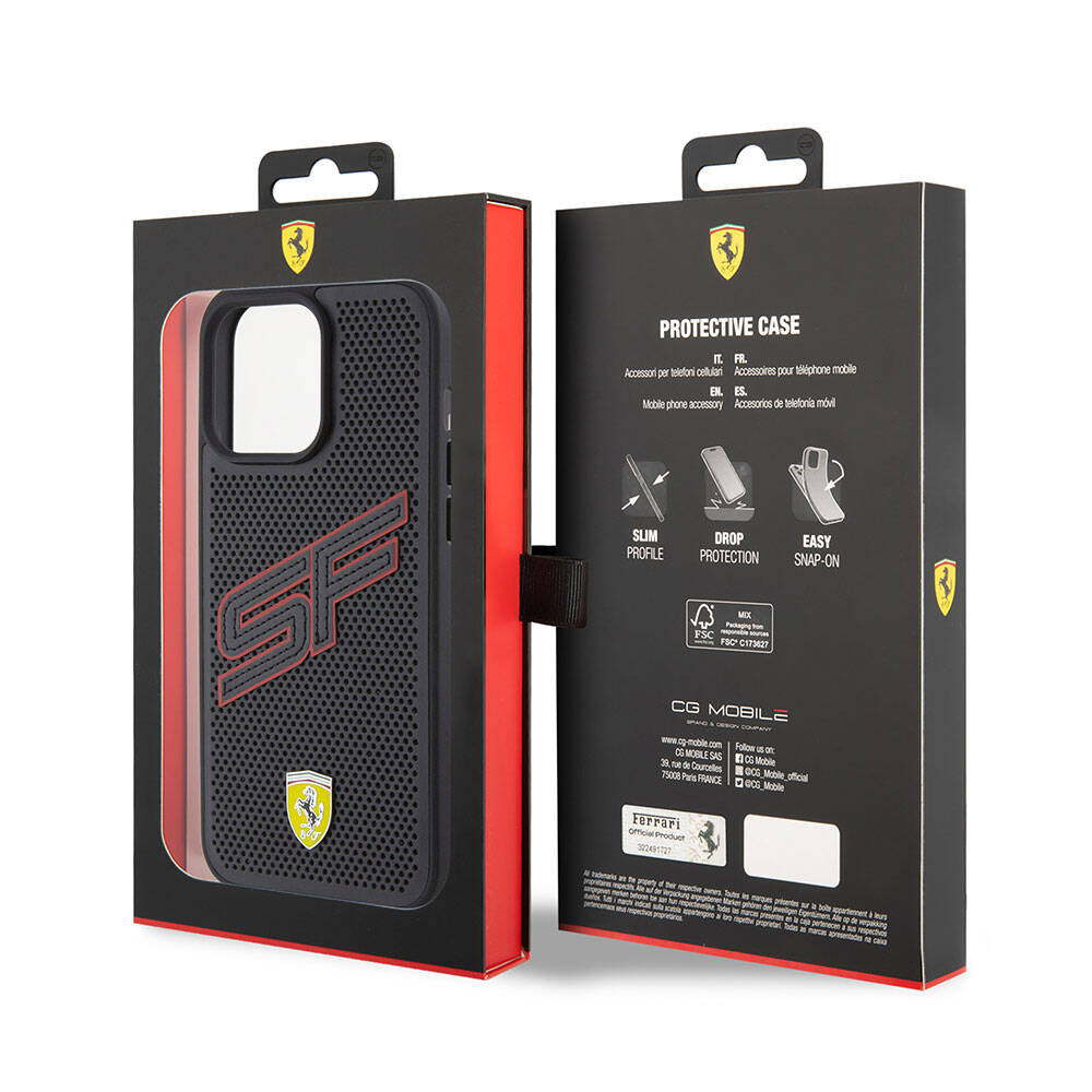 iPhone 15 Pro Kılıf Ferrari Orjinal Lisanslı PU Delikli Arka Yüzey Metal Logolu Dikişli Büyük SF Yazılı Kılıf Kırmızı