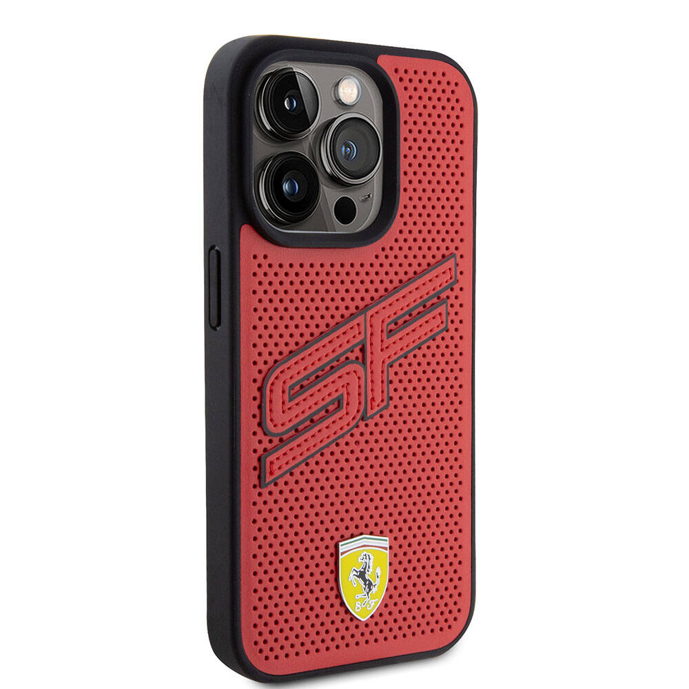 iPhone 15 Pro Kılıf Ferrari Orjinal Lisanslı PU Delikli Arka Yüzey Metal Logolu Dikişli Büyük SF Yazılı Kılıf Kırmızı