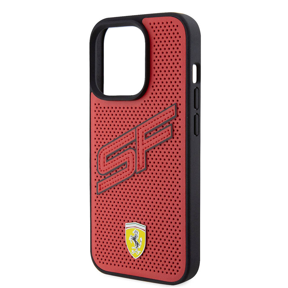 iPhone 15 Pro Kılıf Ferrari Orjinal Lisanslı PU Delikli Arka Yüzey Metal Logolu Dikişli Büyük SF Yazılı Kılıf Kırmızı