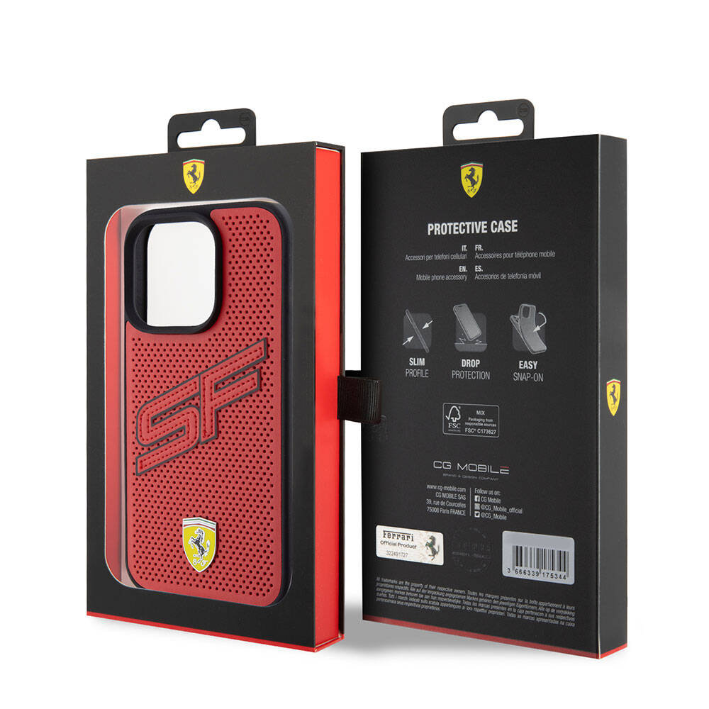 iPhone 15 Pro Kılıf Ferrari Orjinal Lisanslı PU Delikli Arka Yüzey Metal Logolu Dikişli Büyük SF Yazılı Kılıf Kırmızı