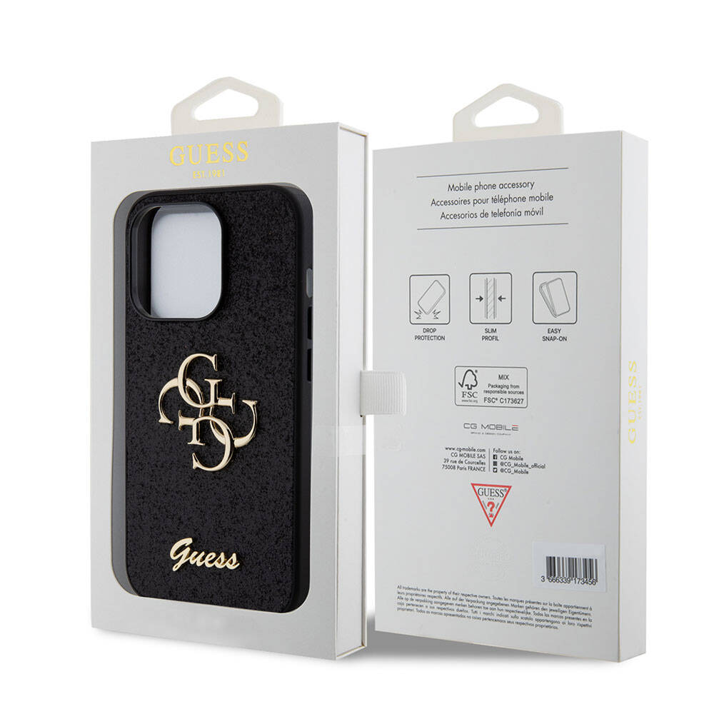 Apple iPhone 15 Pro Kılıf Guess Orjinal Lisanslı 4G Büyük Metal Logolu Glitter Kapak Siyah