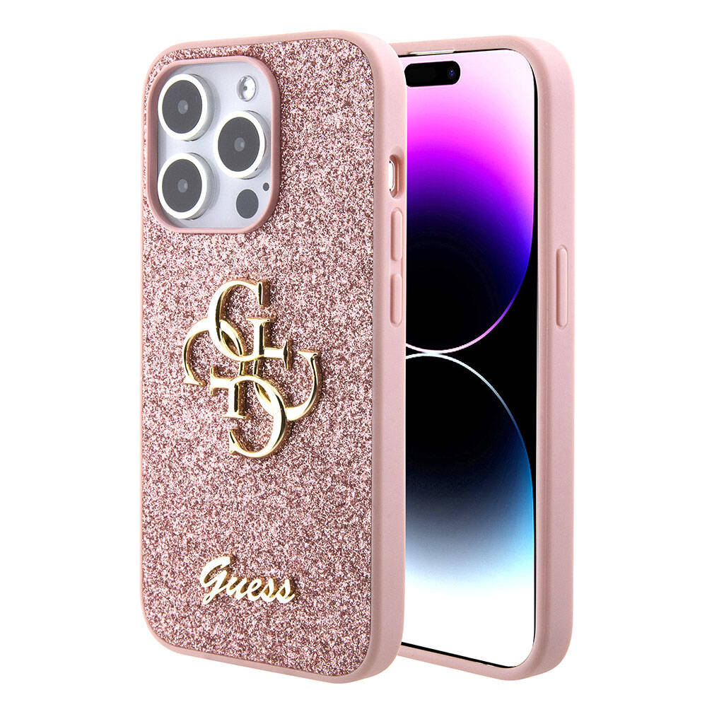 Apple iPhone 15 Pro Kılıf Guess Orjinal Lisanslı 4G Büyük Metal Logolu Glitter Kapak Siyah