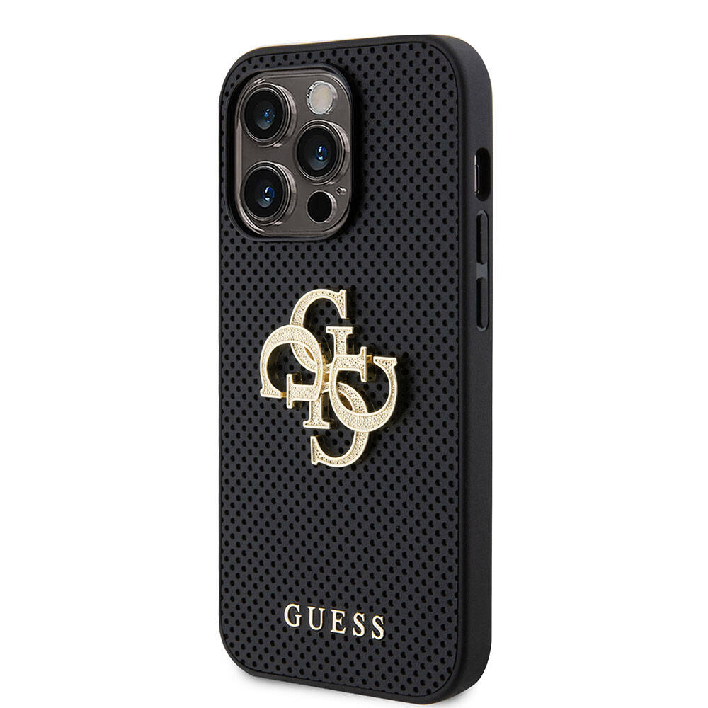 Apple iPhone 15 Pro Kılıf Guess Orjinal Lisanslı Delikli Yazı ve 4G Glitter Büyük Metal Logolu Kapak Kahverengi