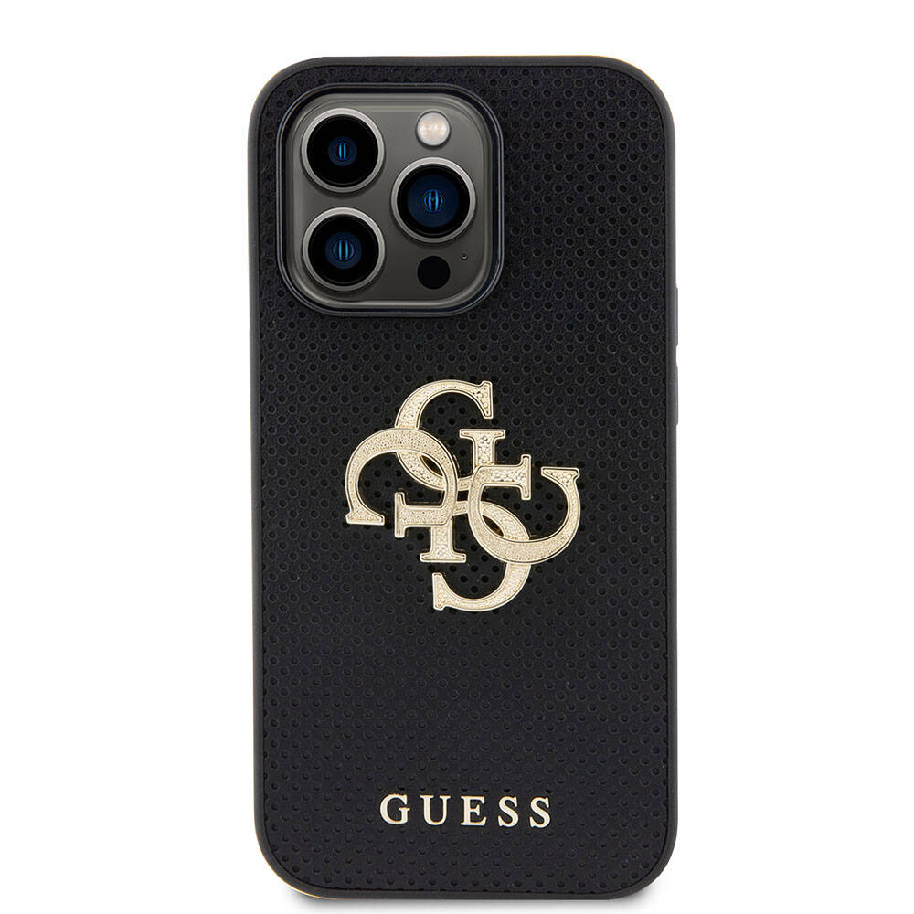 Apple iPhone 15 Pro Kılıf Guess Orjinal Lisanslı Delikli Yazı ve 4G Glitter Büyük Metal Logolu Kapak Kahverengi