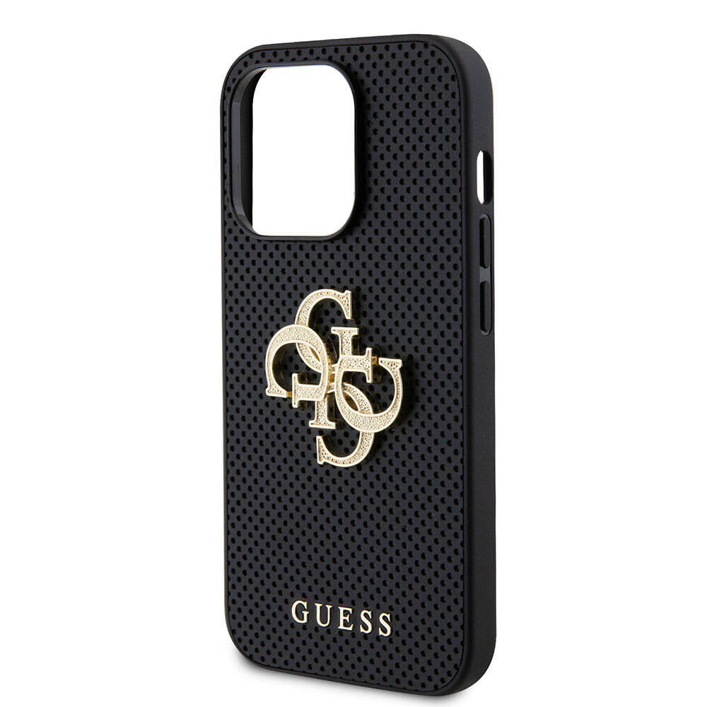 Apple iPhone 15 Pro Kılıf Guess Orjinal Lisanslı Delikli Yazı ve 4G Glitter Büyük Metal Logolu Kapak Siyah