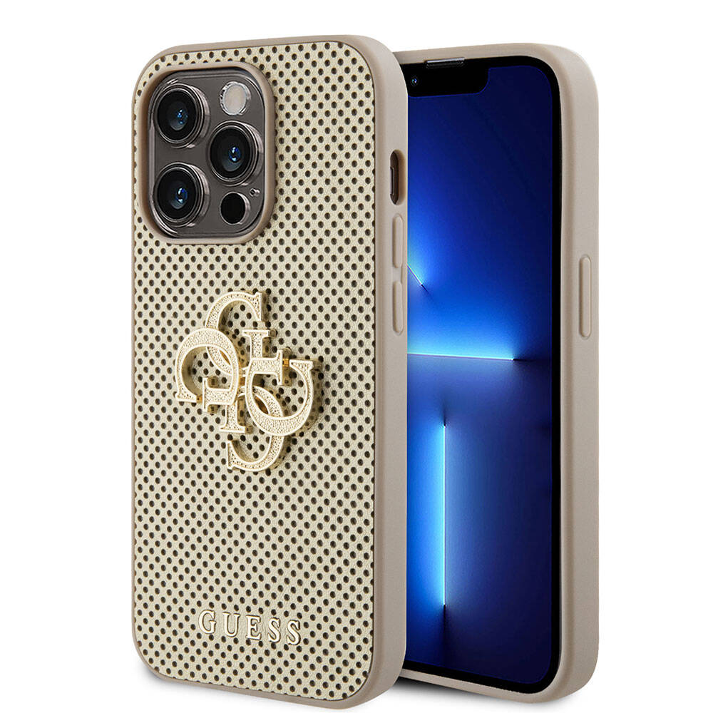 Apple iPhone 15 Pro Kılıf Guess Orjinal Lisanslı Delikli Yazı ve 4G Glitter Büyük Metal Logolu Kapak Kahverengi