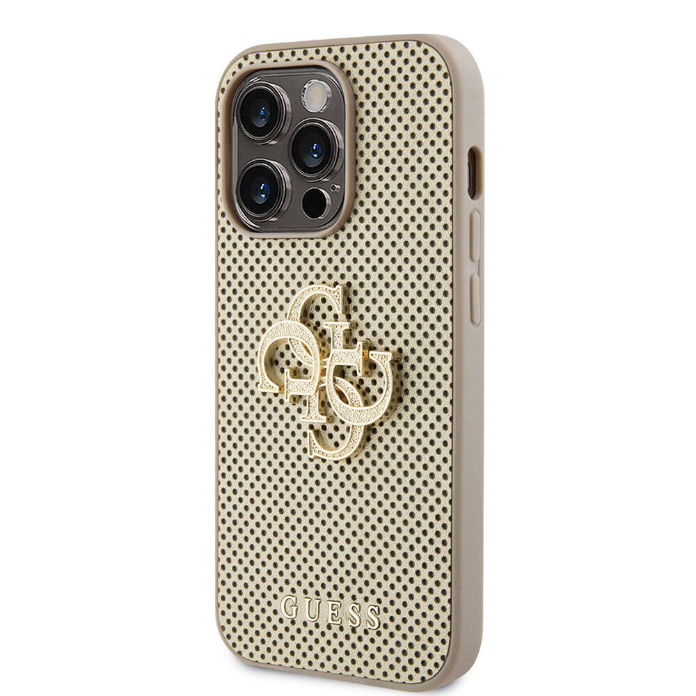 Apple iPhone 15 Pro Kılıf Guess Orjinal Lisanslı Delikli Yazı ve 4G Glitter Büyük Metal Logolu Kapak Siyah