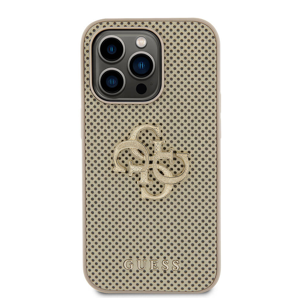 Apple iPhone 15 Pro Kılıf Guess Orjinal Lisanslı Delikli Yazı ve 4G Glitter Büyük Metal Logolu Kapak Kahverengi