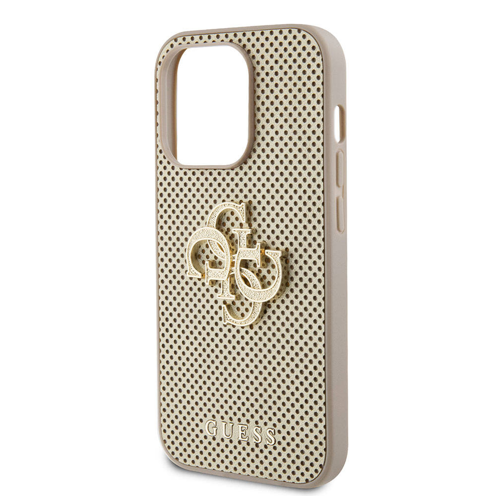 Apple iPhone 15 Pro Kılıf Guess Orjinal Lisanslı Delikli Yazı ve 4G Glitter Büyük Metal Logolu Kapak Kahverengi