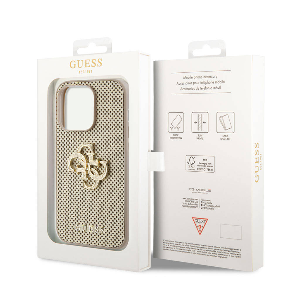 Apple iPhone 15 Pro Kılıf Guess Orjinal Lisanslı Delikli Yazı ve 4G Glitter Büyük Metal Logolu Kapak Kahverengi
