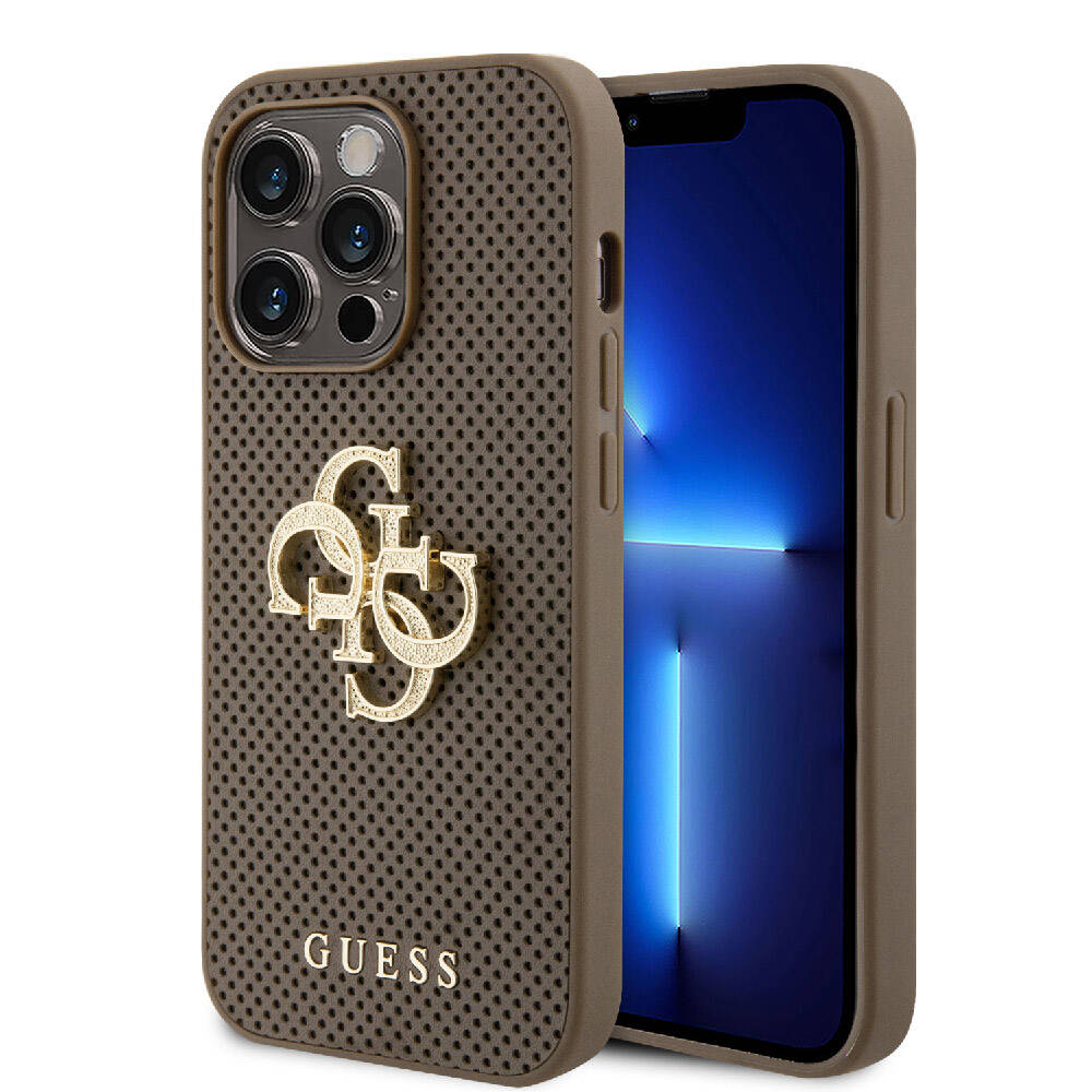 Apple iPhone 15 Pro Kılıf Guess Orjinal Lisanslı Delikli Yazı ve 4G Glitter Büyük Metal Logolu Kapak Kahverengi